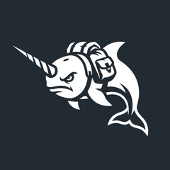 Angry narwhal wearing hiker backpack vector illustration © Zaya