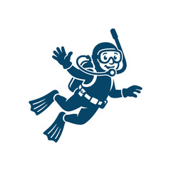 Happy cartoon scuba diver mascot with goggles and fins. © Zaya