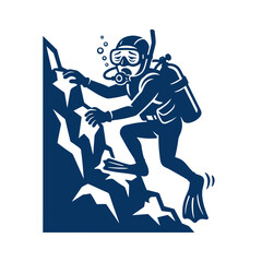 Scuba diver climbing underwater rock formation in navy blue. © Zaya