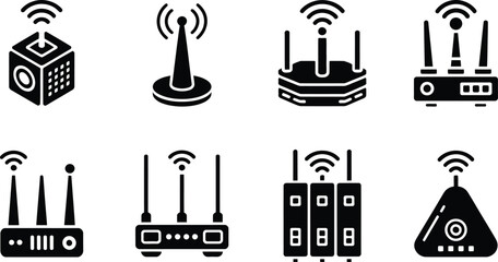 Naklejka premium Wi-Fi Router, Modem, and Network Switch Black Vector Icon