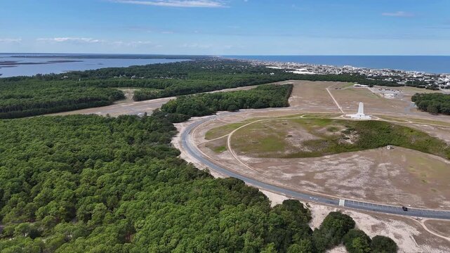 Aerial View of the Wright Brothers National Memorial on Kill Devil Hill Overlooking the Outer Banks and Atlantic Ocean Coastline in Kill Devil Hills, North Carolina