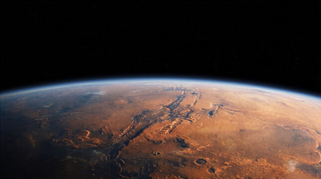 Detailed View of the Martian Surface with Impact Craters from Orbit
