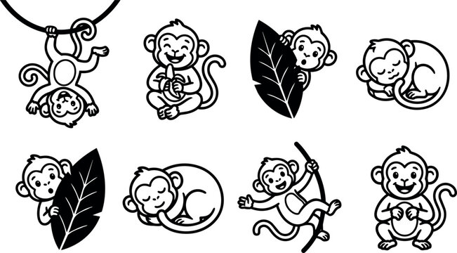 Black and white cartoon monkeys playing eating sleeping and hanging on branch