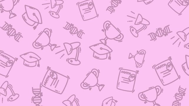 Seamless looping science education pattern animation featuring graduation caps, DNA strands, trophies, diplomas, and desk lamps on a pastel pink background in a cute handdrawn style.