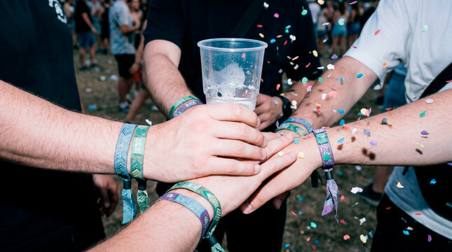 Young friends toasting a plastic cup with festival wristbands amid falling confetti