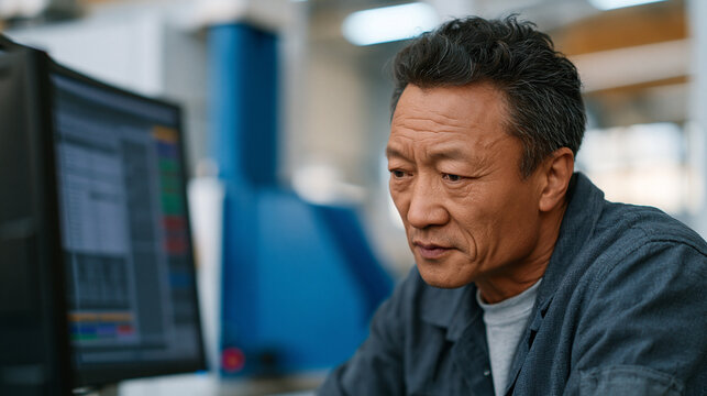 Carbon nanotube elevator tether tensile strength test in industrial materials laboratory, Tibetan engineering technician monitoring stress gauge readout on curved monitor while