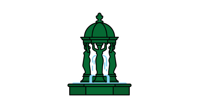 Green ornate public park fountain with statues and domed roof