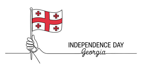 Obraz premium Continuous line drawing Independence Day, Georgia flag, hand holding flag, national holiday, patriotic symbol
