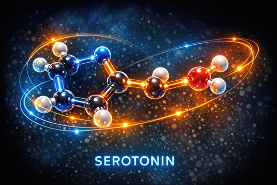 A molecular structure with the neurotransmitter serotonin labeled