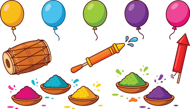 Holi Festival Vector Set with Colorful Balloons, Dhol Drum, Pichkari, Color Powder Bowls, and Rocket for Indian Celebration Designs