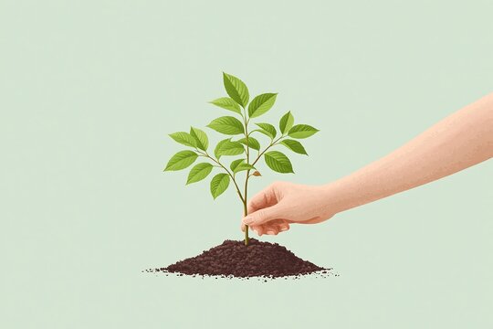 Cartoon hand planting a small tree sapling (only hand visible, cartoon style), soil pile, green background, reforestation concept