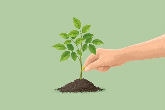 Cartoon hand planting a small tree sapling (only hand visible, cartoon style), soil pile, green background, reforestation concept