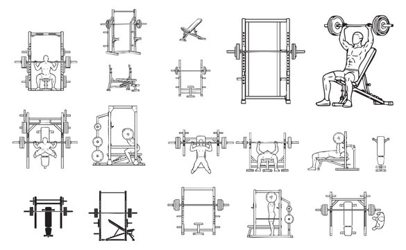 Weightlifting Gym Barbell CAD Blocks &ndash; Top and Side View Fitness Layout Vectors
