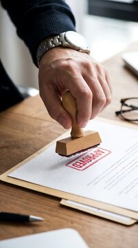 Corporate executive hand holding wooden stamp over approved text on legal paper document contract at wooden desk