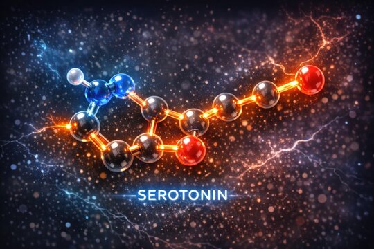 Illustration of a serotonin molecule structure, often used in scientific or educational contexts