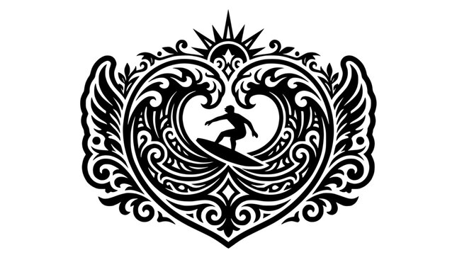 Ornate heart surfing emblem with waves and sun.