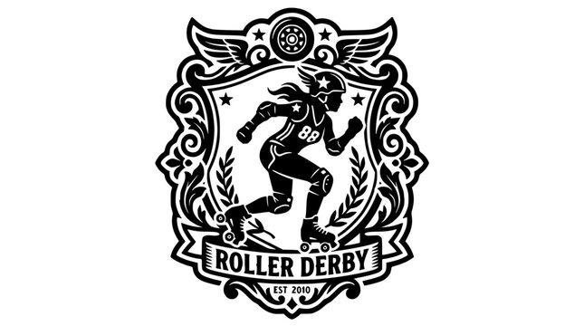 Ornate roller derby badge with female skater.