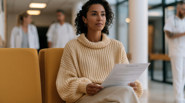 Roma woman founder in a hospital waiting room quietly rehearses her startup pitch to a potential angel investor, notes spread on her lap, a printed one-pager in hand, medical