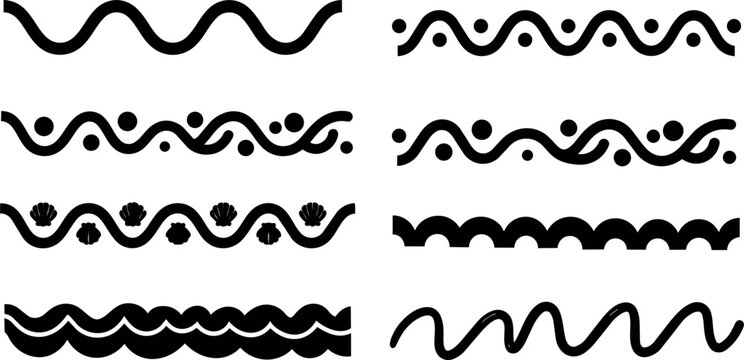 Black wave pattern set with dots and seashell ornaments horizontal borders