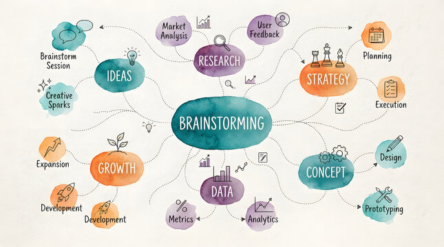 brainstorming mind map with watercolor blobs and business strategy concept icons