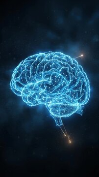 Glowing digital brain made of connected particles on a dark background. Artificial intelligence, neural network, machine learning and future technology concept with copy space.
