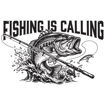 Fishing is calling design with a jumping bass fish and a fishing rod illustration
