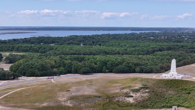 Aerial View of the Wright Brothers National Memorial on Kill Devil Hill Overlooking the Outer Banks and Atlantic Ocean Coastline in Kill Devil Hills, North Carolina