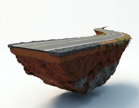 A floating road section is shown above white background. This asphalt path curves into distance on an island of earth and rock. It highlights transportation and journey concepts.