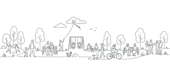 Obraz premium People enjoying outdoor activities in a park, line drawing illustration