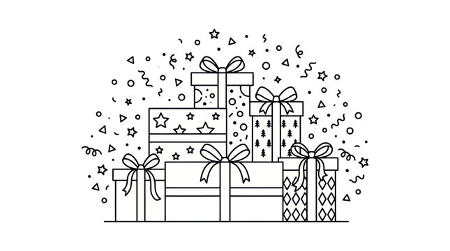Minimal Line Art Gift Boxes with Confetti Vector Illustration