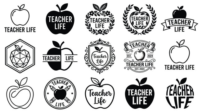 Teacher life vector designs apple laurel wreath logos for educators