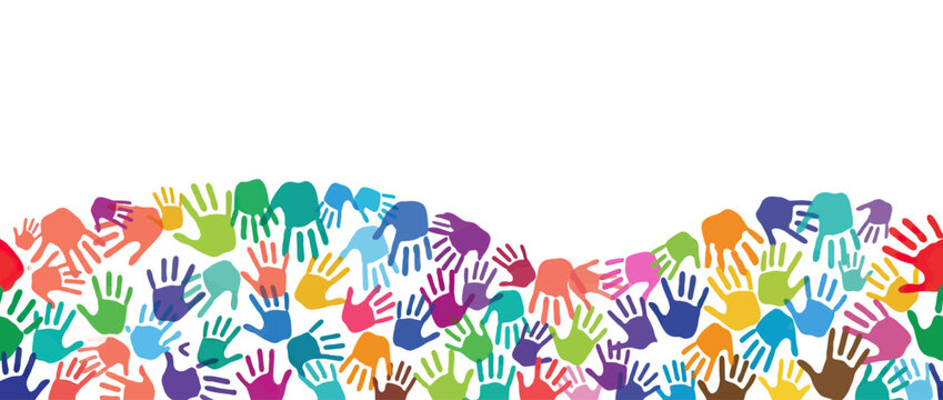 Colorful handprints border, diversity, unity, community, teamwork, celebration, abstract background