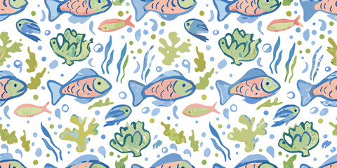 Watercolor Fish Pattern With Seaweed And Bubbles Seamless Repeat © Rohan