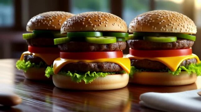 Three double cheeseburgers are neatly arranged on a dark wooden surface, tempting the appetite with their perfect appearance.