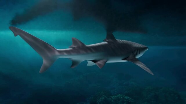 A shark swims calmly in the depths of the blue ocean its body turns to the right with its mouth slightly open, revealing rows of sharp, terrifying teeth.