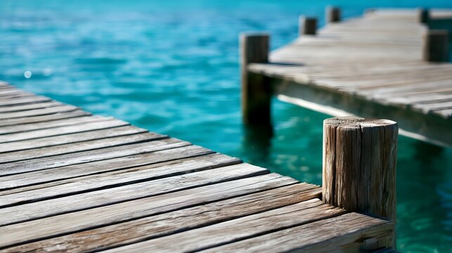 Wooden dock extends over calm turquoise water under bright sunlight with weathered planks and sturdy posts