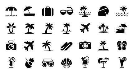 Minimalist vacation themed icons showcase diverse travel essentials and leisure activities in sleek black silhouette style © Shovon