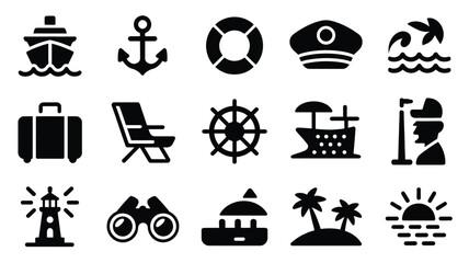 Modern travel themed icon collection showcasing vacation essentials and cruise experiences in sleek silhouette style © Shovon