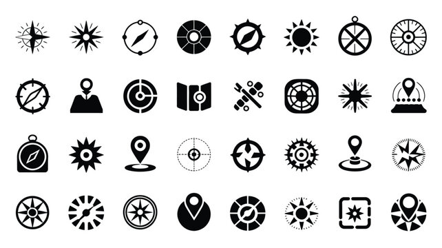 Modern black and white navigation icons bundle showcasing compasses maps and directional symbols for adventure