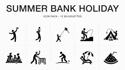 Obraz premium Twelve black and white summer vacation activity icons depicting camping picnics and outdoor leisure for holiday marketing materials