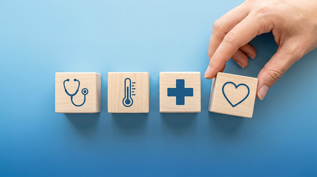 Hand selecting wooden healthcare concept blocks with medical icons