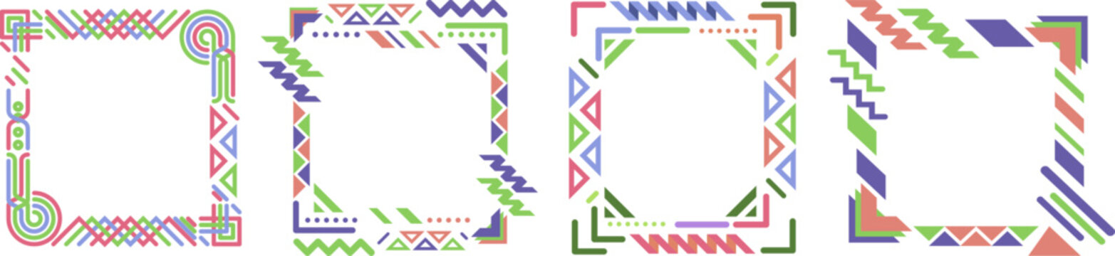 Four colorful geometric square frames collection featuring abstract tribal aztec and memphis patterns isolated on a white background.