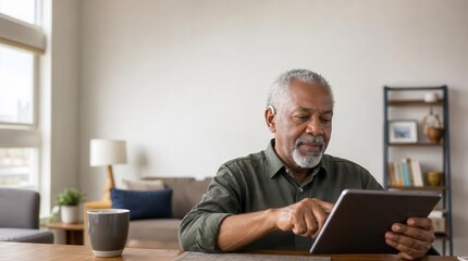 Fototapeta premium Older black man using digital tablet at home