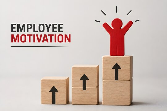 Employee motivation concept with a person figurine standing on cubes representing growth, suggesting progress and success.