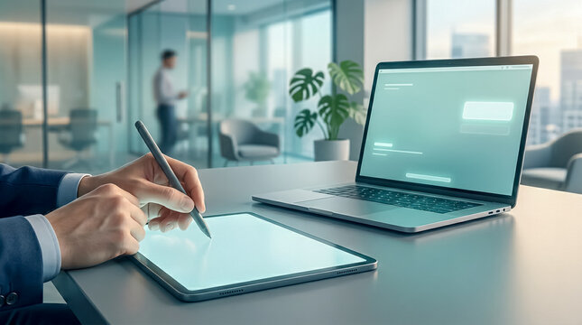 Professional man writing notes on tablet with laptop in modern office