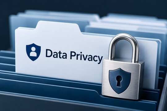 Data privacy concept with a locked filing cabinet and shield icon.