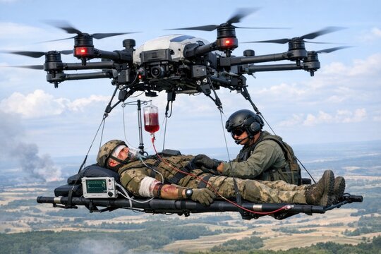 A man is being transported by helicopter after an injury, possibly in a remote or disaster-stricken area