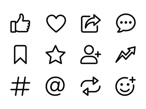 Set of twelve minimalist social media and communication icons in black line style
