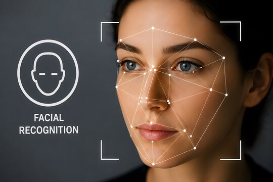 Facial recognition technology scanning a woman's face for the concept of technology and security.