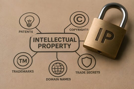 Intellectual Property concept with a secured padlock and various icons representing patents, trademarks, copyrights, domain names, and trade secrets.